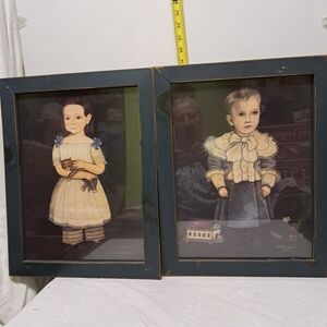 Pair of Vintage Child Portrait Prints in Navy Wood Frames